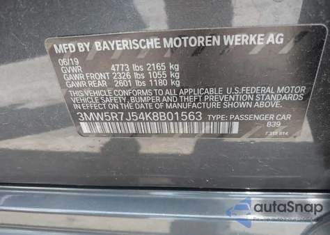 2019 BMW 330I xDrive из США, поврежденный, VIN 3MW5R7J54K8B01563